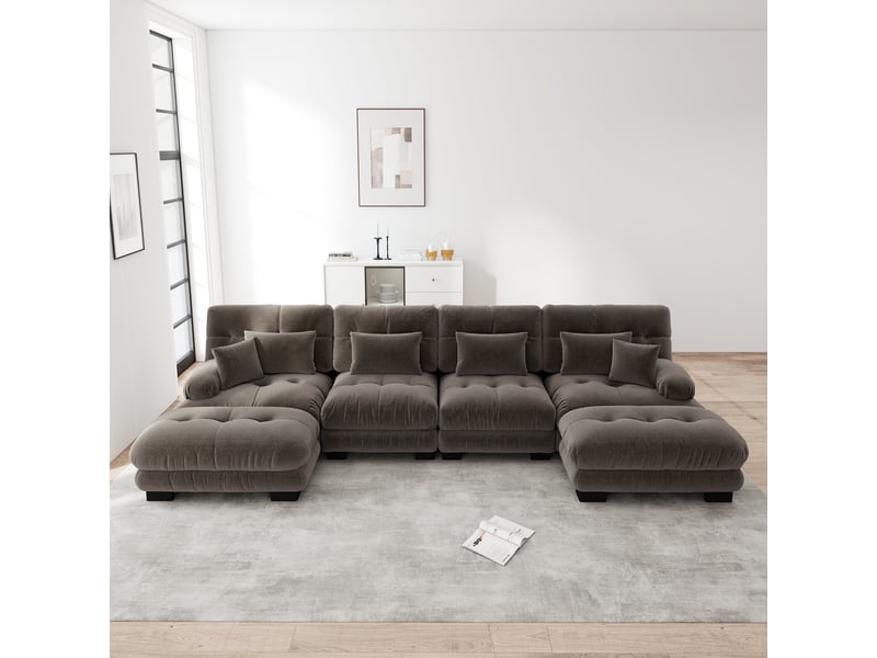  Canapé d'angle modulable avec ottoman mobile et coussins lombaires, en chenille, marron  - Conforama C