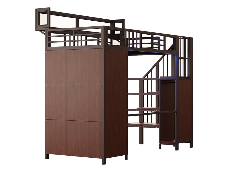  Lit mezzanine métal noir 90x200 cm, armoire, échelle de sécurité, led, filets et étagères amovibles  - Conforama D