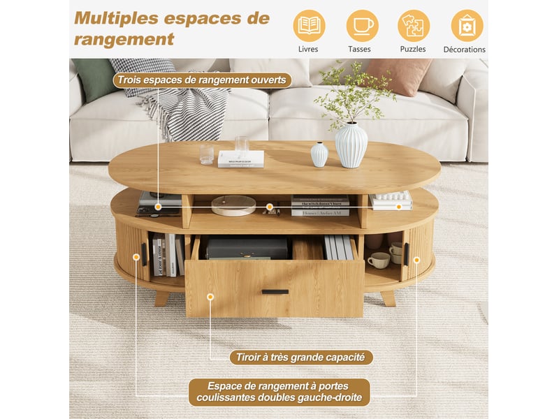 Table basse ovale 100x50x40 cm, 1 tiroir, 2 portes à rideau, rangements ouverts, style nordique, mdf, naturel  - Conforama D