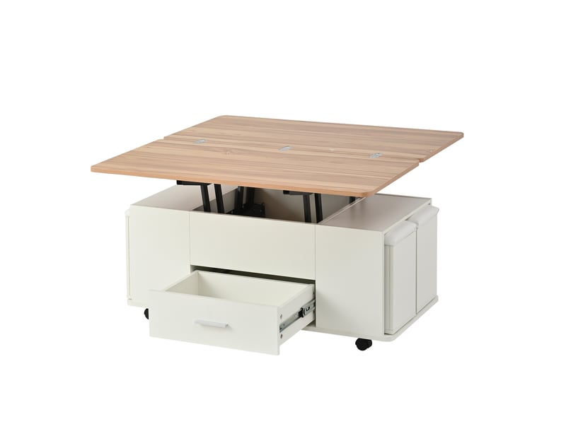  Table basse relevable convertible en table à manger, 4 tabourets intégrés, 100 x 100 cm  - Conforama C