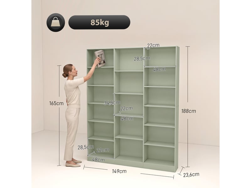  Bibliothèque 6 niveaux 17 compartiments 149 x 23,6 x 188 cm vert  - Conforama C