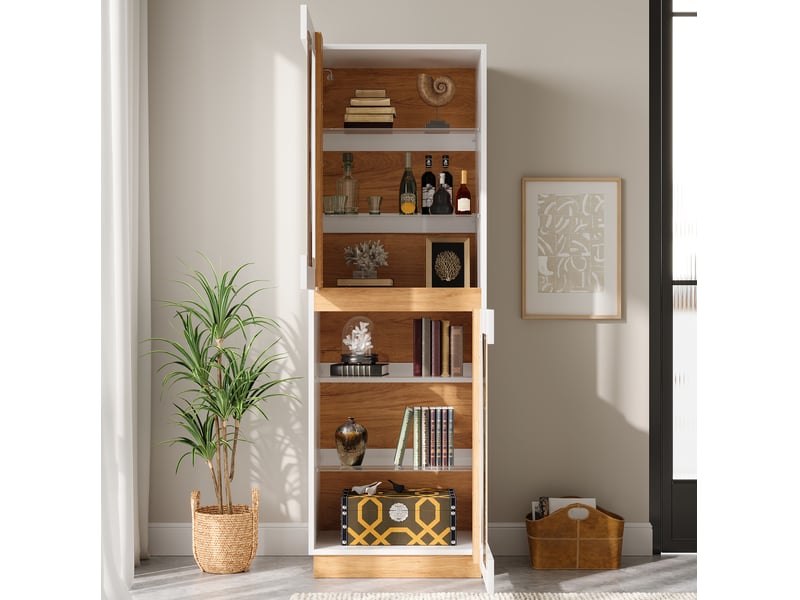  Vitrine 60x40x180 cm blanche et naturelle avec led, 2 portes vitrées  - Conforama D
