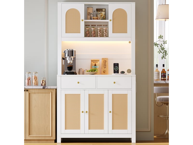  Meuble de cuisine muvano, buffet haut 100 × 40 × 180 cm, blanc, portes en rotin et led  - Conforama D