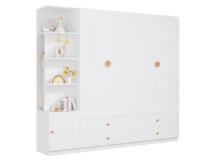 Armoire spacieuse avec 3 tringles, 4 tiroirs et rangement latéral modulable pour chambre, blanc, 225 × 45 × 200 cm
