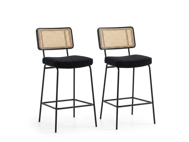  Lot de 2 chaises de bar tabouret de bar noir avec assise en tissu chenille et dossier aspect rotin pour cuisine 96.5cm  - Conforama A