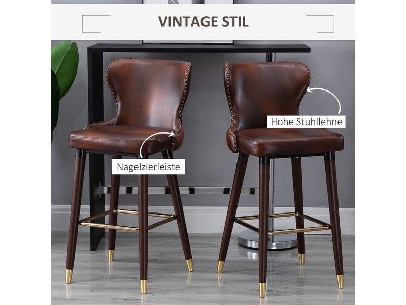  Tabourets de bar lot de 2 avec dossier et repose-pieds - lpospi - structure métal et pieds bois, simili cuir marron  - Conforama E