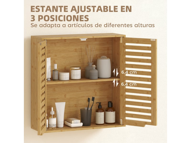  Meuble de salle de bain mural en bambou, unité de salle de bain suspendue avec étagère réglable, portes à lattes naturelles  - Conforama E