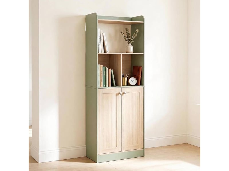 Bibliothèque avec 6 niches et grand placard, surface mélaminée, pour salon, vert et bois, 60 × 30 × 161,2 cm - Conforama B