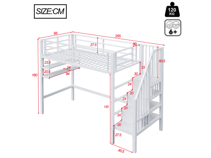  Lit mezzanine enfant 90x200 cm, espace de rangement, étagères,  garde-corps, sommier, métal blanc, sans matelas  - Conforama C