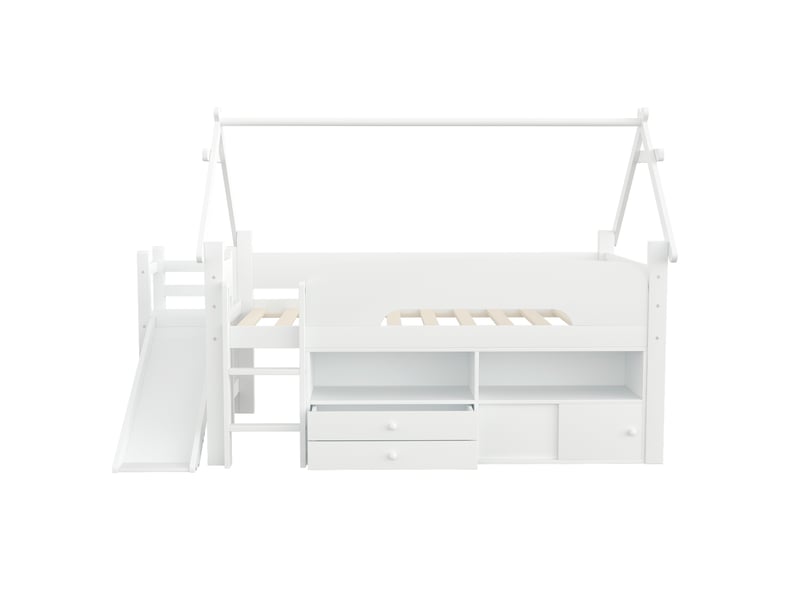  Lit mezzanine 90x200 cm, toboggan, coin jeu et barrières de sécurité, 2 tiroirs, bois, couleur blanc  - Conforama R