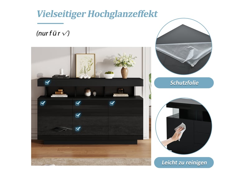  Buffet noir 140x35x80 cm, meuble de rangement moderne avec 3 tiroirs intégrés et 2 portes pour salle à manger  - Conforama D