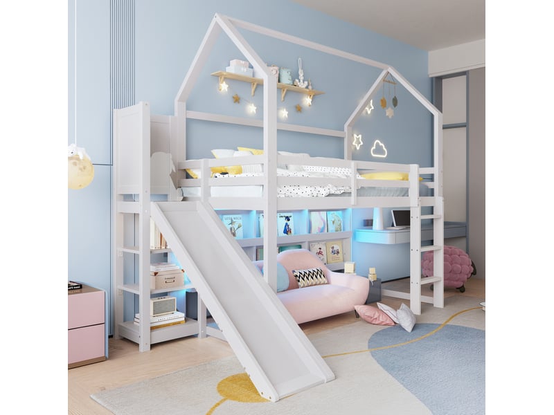  Elvmi lit mezzanine enfant 90x200 cm blanc en pin massif et mdf, forme maison avec toboggan, escalier de rangement, étagères, garde-corps de sécurité et bande led intégrée, couchage surélevé avec espace organisé pour chambre  - Conforama E