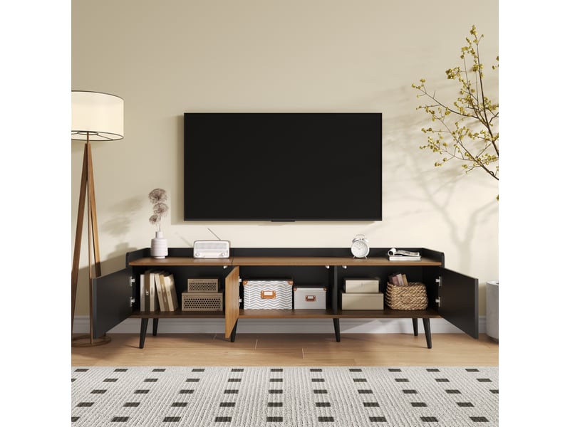  Meuble télévision 160 x 39 x 49,5 cm 3 portes rangement sécurisé pieds strié mdf et particules noir et naturel  - Conforama D