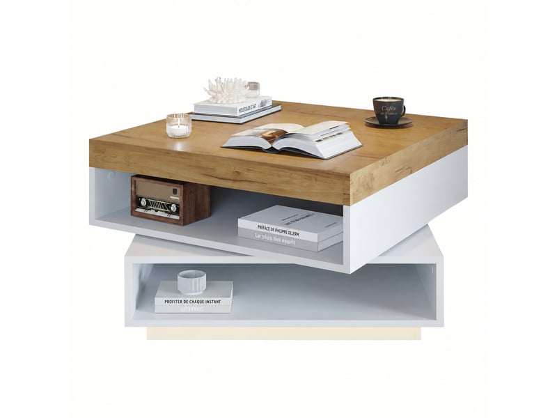 Table basse carrée 65 x 65 x 40 cm, plateau pivotant 360°, led et rangements, blanc et effet chêne - Conforama A