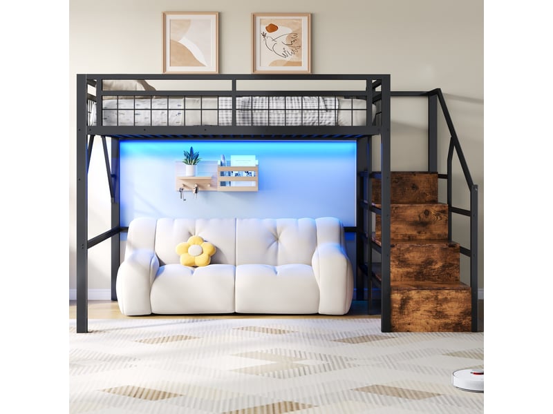  Lit mezzanine 140x200 cm avec led, escalier de rangement, espace libre sous le lit, métal et mdf, noir Sol Morn - Conforama D