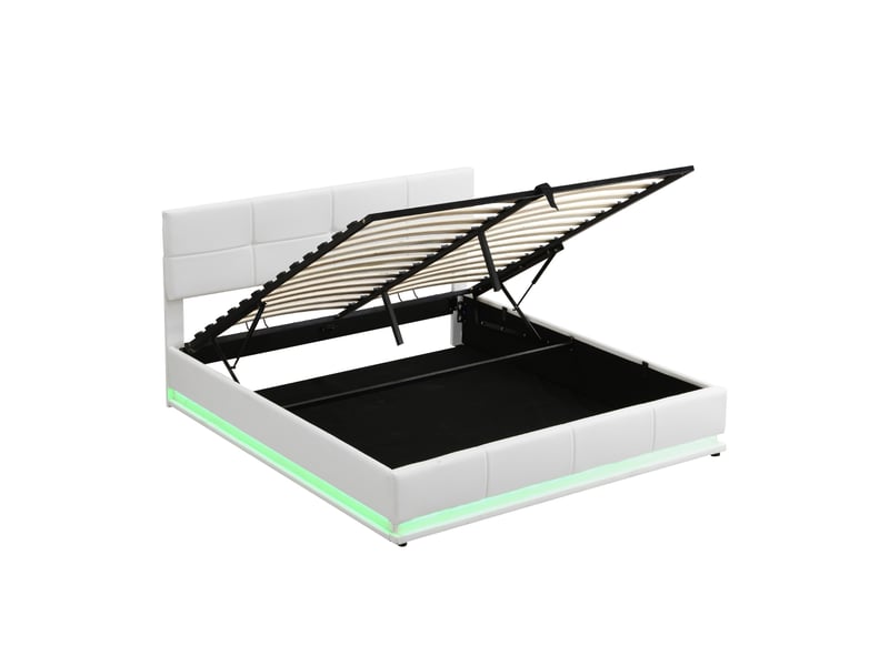  Lit capitonné 180x200 cm avec éclairage led et coffre de rangement relevable hydrauliquement, sommier à lattes, revêtement en similicuir, lit double, lit adulteenfant, blanc  - Conforama D