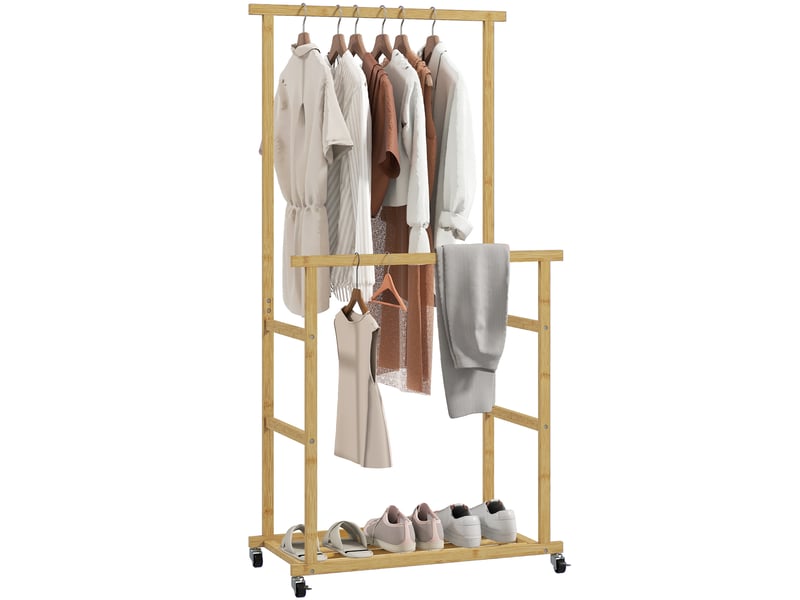 Portant à vêtements en bambou à roulettes, étagère à chaussures, 2 barres de suspension, 80 x 40 x 160 cm, naturel - Conforama A