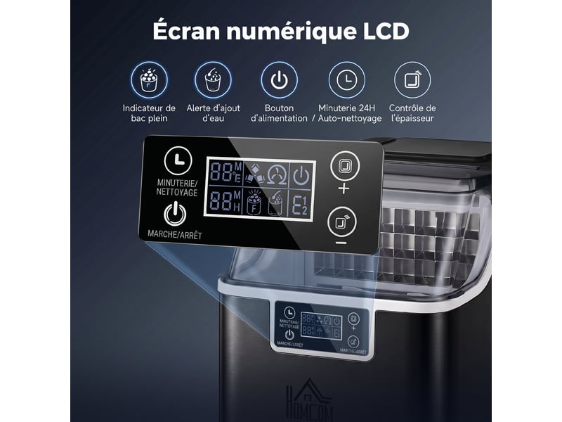  Machine à glaçons, 20 kg en 24h, 24 glaçons en 14-18 min, ice maker avec fonction autonettoyante, 25,2x36x37,1cm, noir  - Conforama W