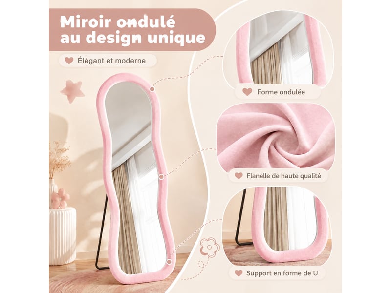  Miroir de sol ondulé 160x50 cm, cadre velours doux style scandinave, pour chambre et salon, avec pied u, verre trempé sécurisé, rose  - Conforama D