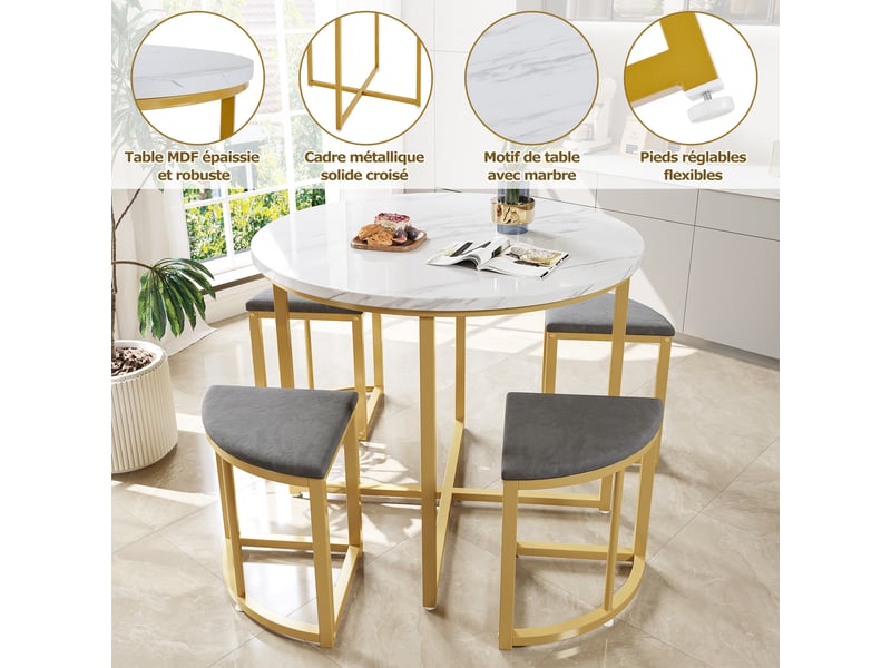  Ensemble table à manger et 4 chaises – blanc, or et gris – table ronde ø80 cm – plateau mdf blanc, piètement métal doré, assises velours gris  - Conforama D