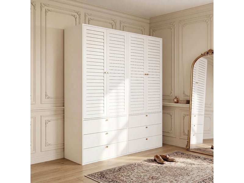  Armoire 4 portes blanche 180x200 avec 6 tiroirs et portes persiennes  - Conforama B