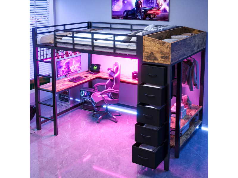  Lit mezzanine gaming 140 x 200 cm avec grand bureau, led multicolore, prises usbusb-c, 5 tiroirs en tissu et penderie en métal noir sans matelas  - Conforama W