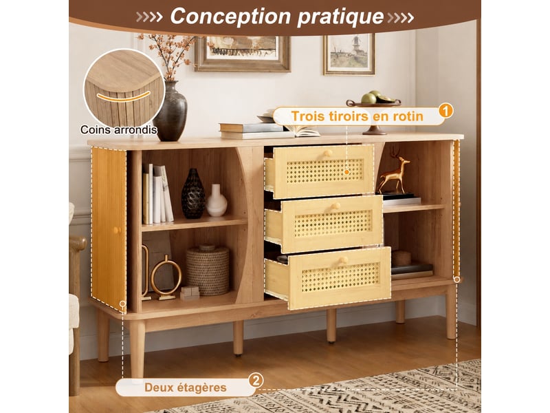  Buffet à portes coulissantes avec tiroirs en rotin, 141 cm  - Conforama D