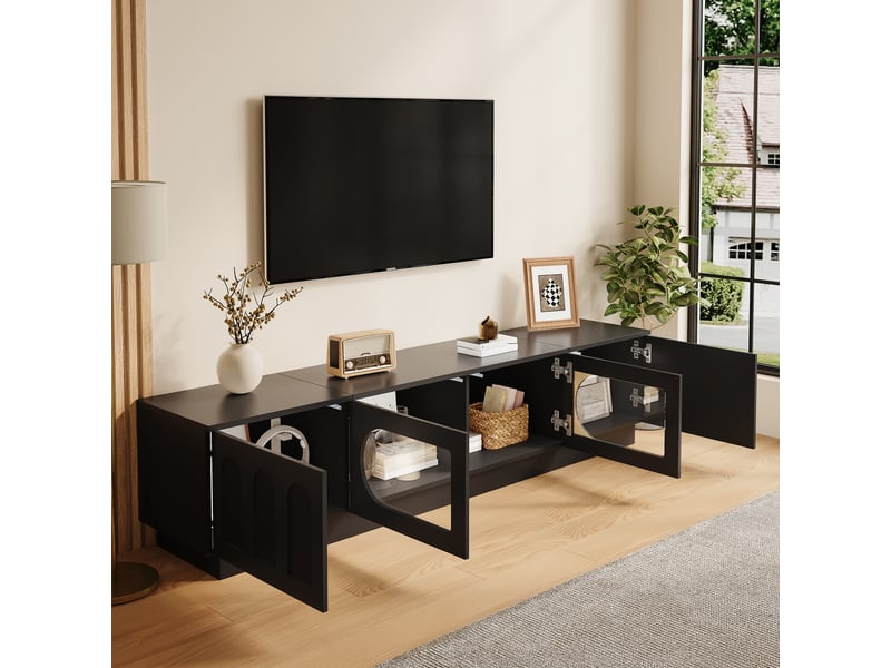 Meuble tv 200 cm en noir, led contrôlée par app, portes vitrées ovales, passe-câbles - Conforama D