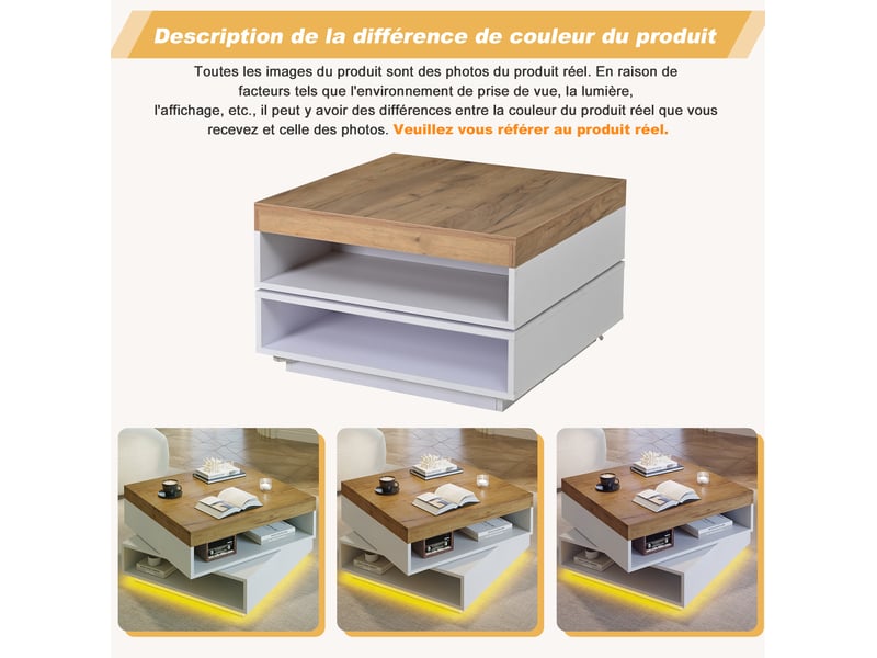  Table basse carrée avec plateau pivotant à 360° et led, avec espace de rangement, pour salon, 65 × 65 × 40 cm  - Conforama E