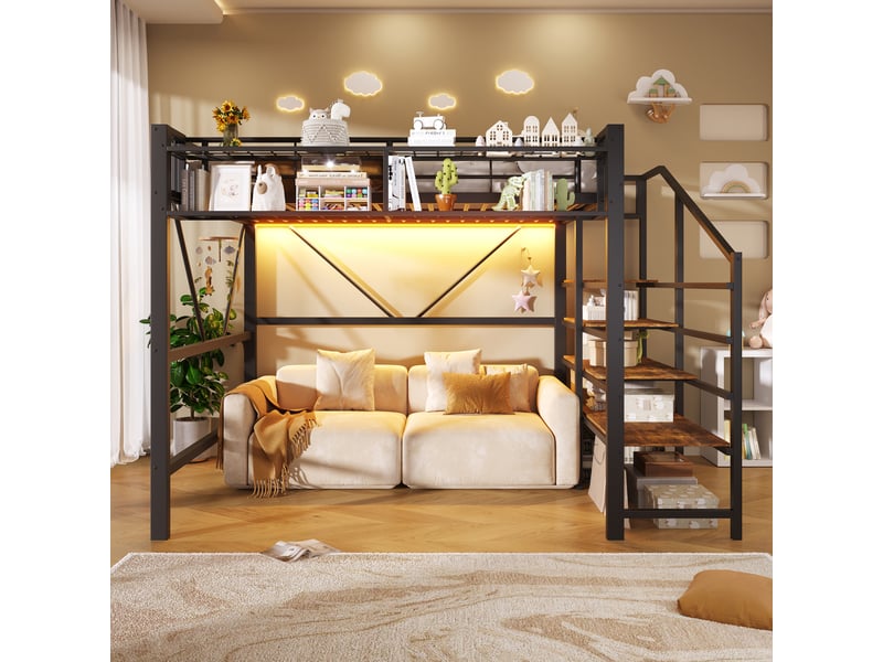 Lit mezzanine 140 x 200 cm en métal, étagère escalier, grille, panier, led, sans matelas, noir  - Conforama E