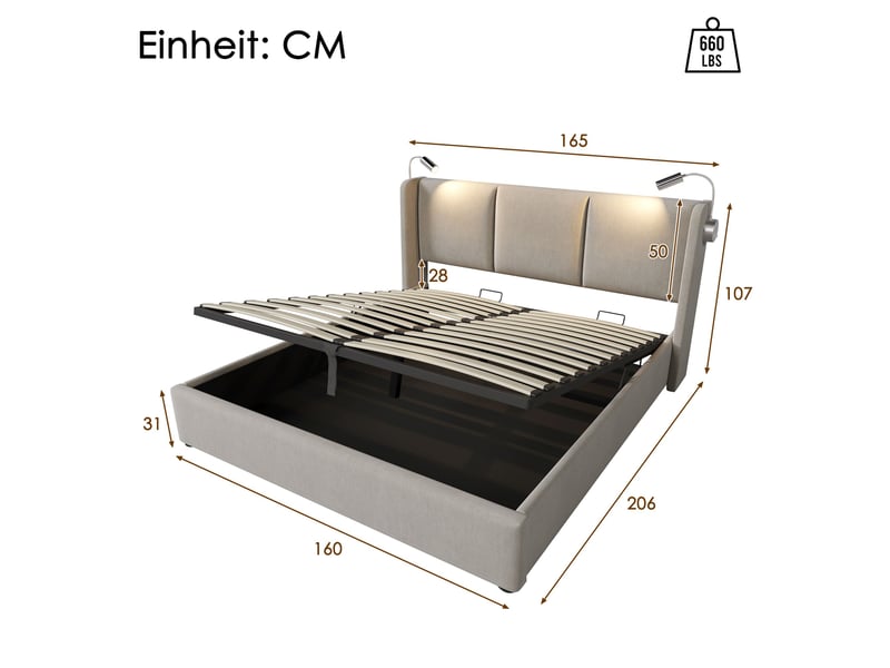 Lit coffre 160x200 cm rembourré, rangement hydraulique, tête de lit avec lampe de lecture et usb, revêtement lin - Conforama C