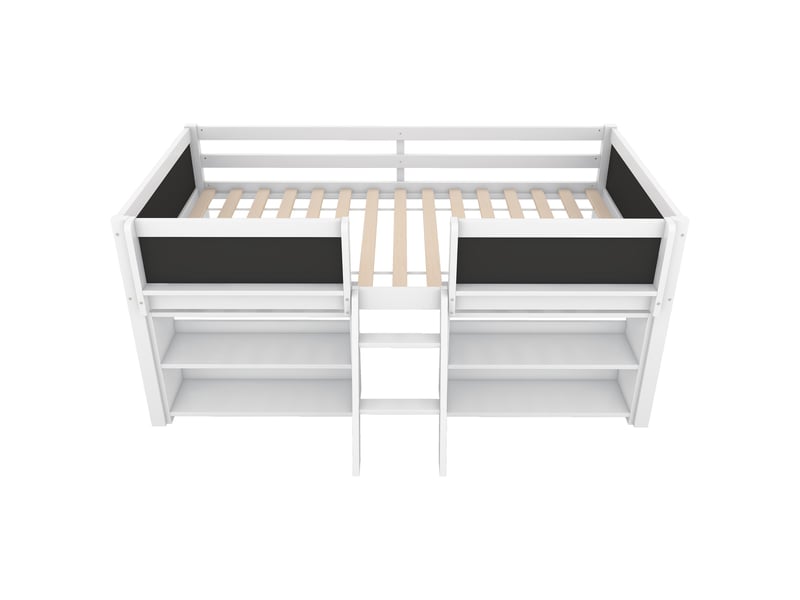 Lit mi-hauteur blanc 90x200 cm en pin, étagères, garde-corps et échelle - Conforama A