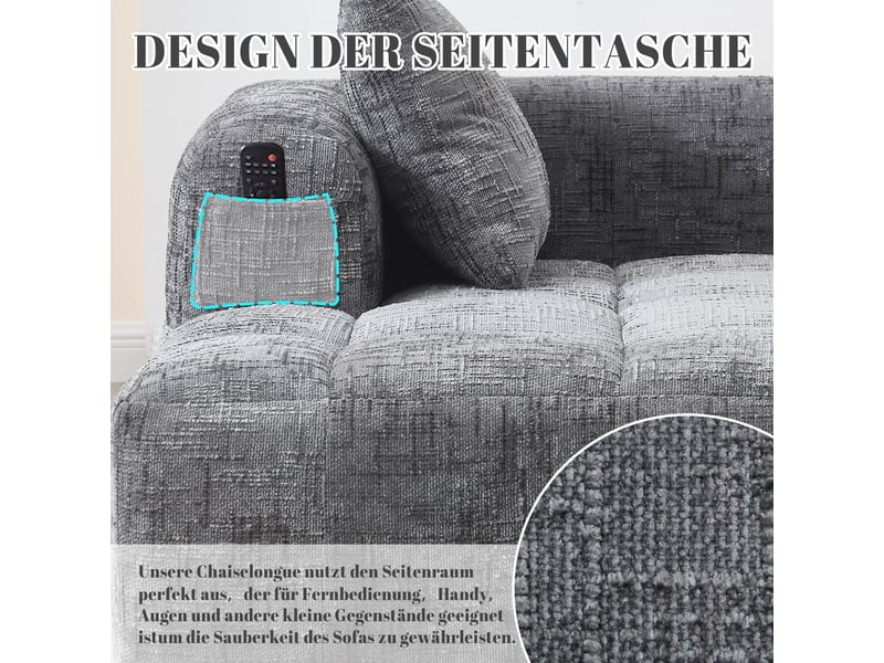  Canapé 2 places en chenille gris avec méridienne, coussin inclus et poches latérales pratiques  - Conforama E
