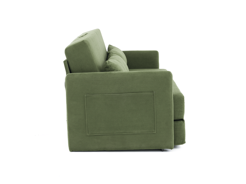 Canapé convertible 2 places vert, canapé-lit salon avec coussins lombaires et poches magazines, structure métal et tissu côtelé - Conforama W