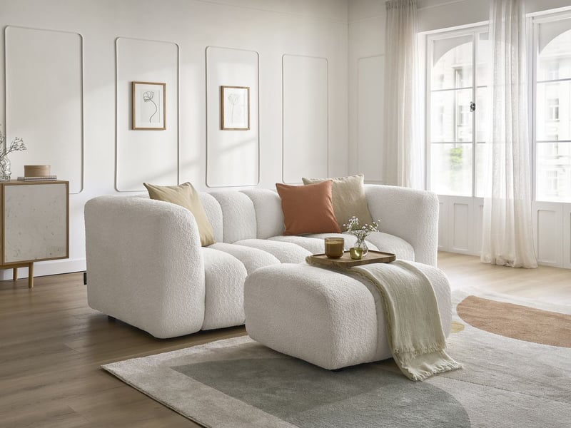  Bobochic canapé droit fixe 3 places talia tissu bouclette avec pouf blanc TALIA - Conforama B