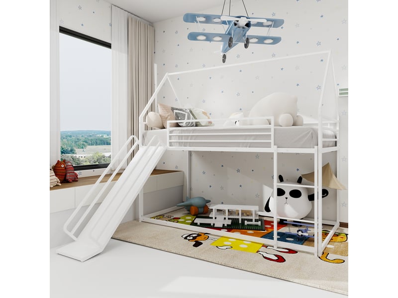  Lit superposé enfant 90x190cm - toboggan intégré - garde-corps 32cm - métal blanc - haute sécurité  - Conforama E