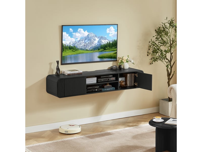  Meuble tv mural 160x38x30 cm avec rangement ouvert et passe-câbles en panneau de particules noir  - Conforama D