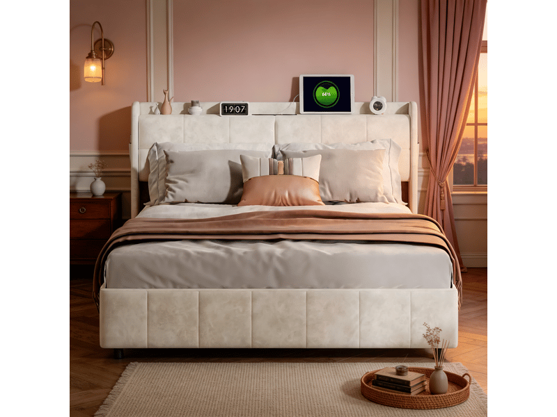  Lit double 160x200 cm avec 4 tiroirs et sommier à lattes - tête de lit avec port usb, revêtement pu blanc, design contemporain  - Conforama C