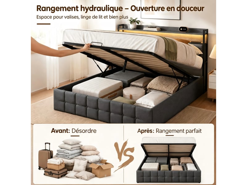  Kefsr lit coffre 140x190 cm, lit double adulte en tissu lin gris avec tête de lit rangement, led rgb connectée, prises usbtype-c et sommier relevable  - Conforama R