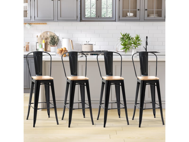  Lot de 4 tabourets de bar industriel avec dossier repose-pied hauteur assise 76 cm métal noir panneaux multicouches imitation bois clair  - Conforama C