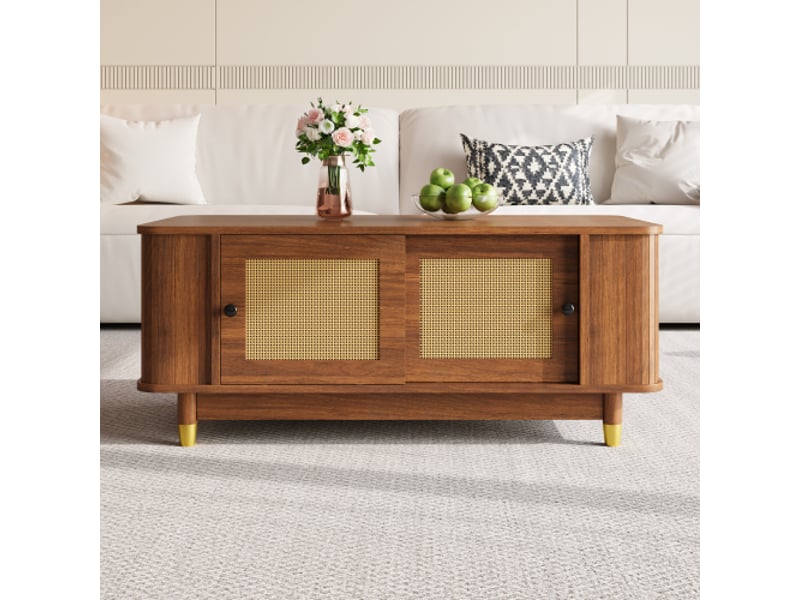 Table basse moderne avec portes coulissantes en rotin - coins arrondis, rangement mdf, effet bois - Conforama B