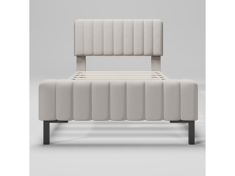 Lit enfant 90x200 cm, lit simple avec tête matelassée réglable, bois et métal, revêtement lin, gris-beige, sans matelas - Conforama D