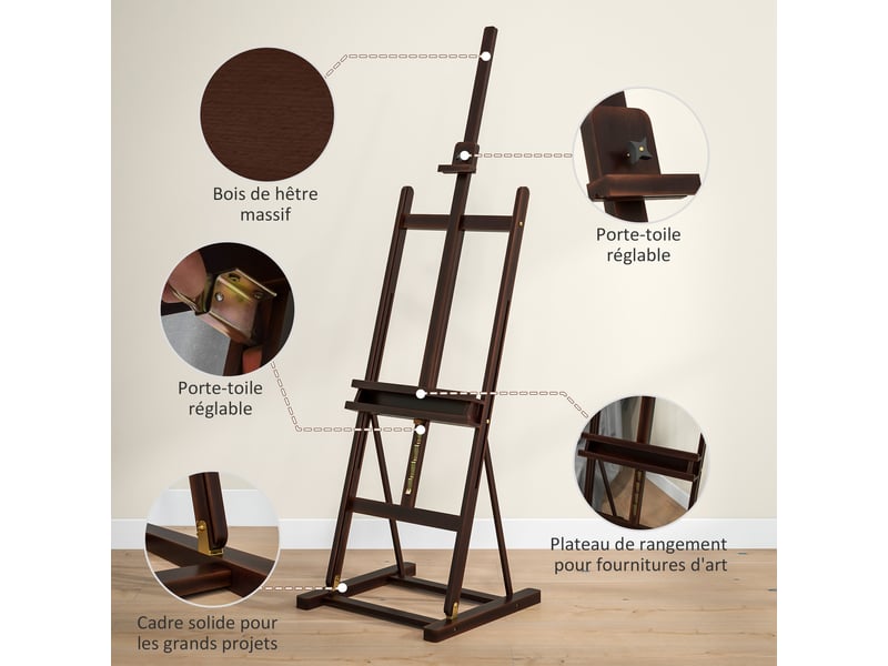 Chevalet en bois hauteur réglable 171-230cm marron chevalet peinture avec rangement inclinaison réglable 80° max.  - Conforama E