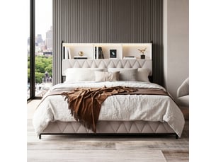 Dreammespace lit coffre rangement 140x200 cm - lit double avec 4 tiroirs & tête de lit étagère led prise usb, velours beige