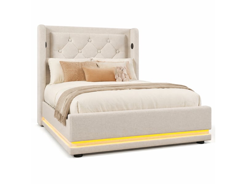  Lit coffre simple 90x200 cm en coton beige avec rangement hydraulique, usb, type-c et led, matelas inclus  - Conforama A