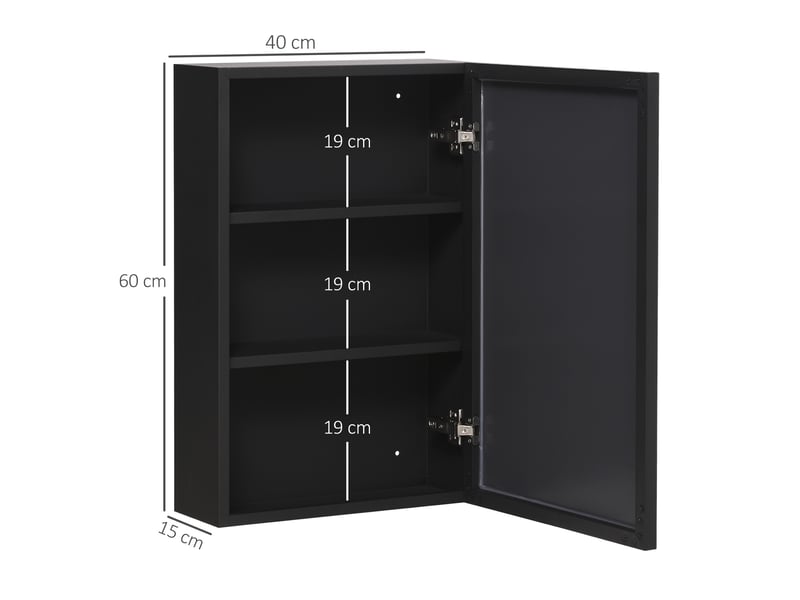  Armoire de toilette avec miroir 3 compartiments en acier noir 40x15x60 cm  - Conforama C