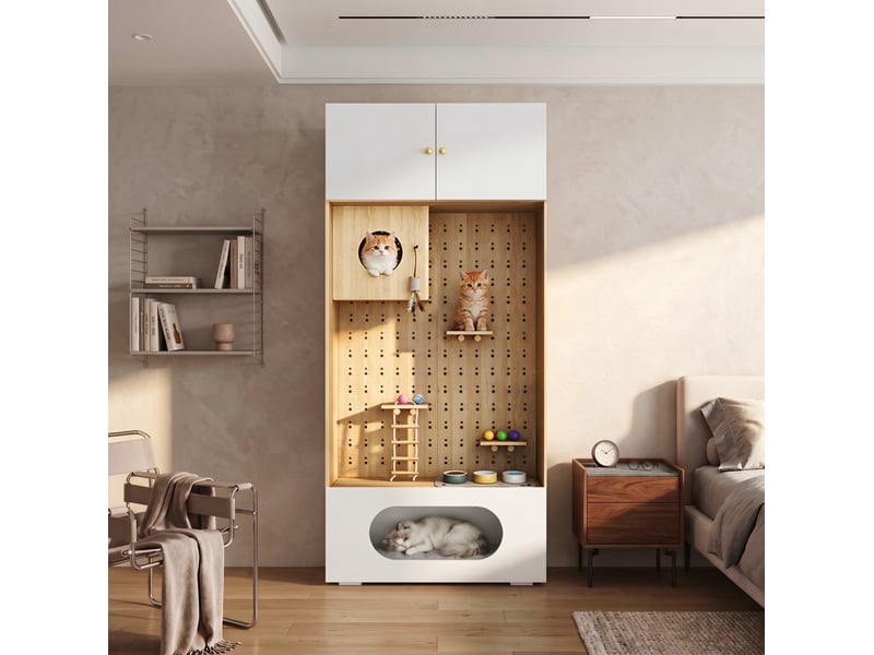  Meuble pour félins multifonction blanc et bois clair 90 x 50 x 200 cm, avec rangement et espace d’escalade  - Conforama D