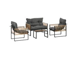 Salon de jardin 4 pièces en résine tressée gris foncé, 2 fauteuils, canapé 2 places et table basse en verre