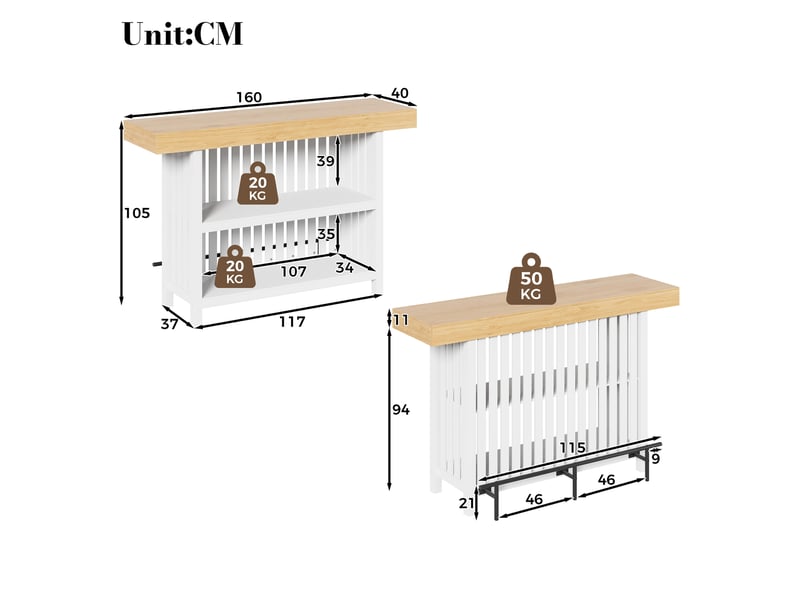 Table de bar haute 160 x 40 x 105 cm, 2 étagères et repose-pieds, mdf, blanc et effet bois Sol Morn - Conforama C