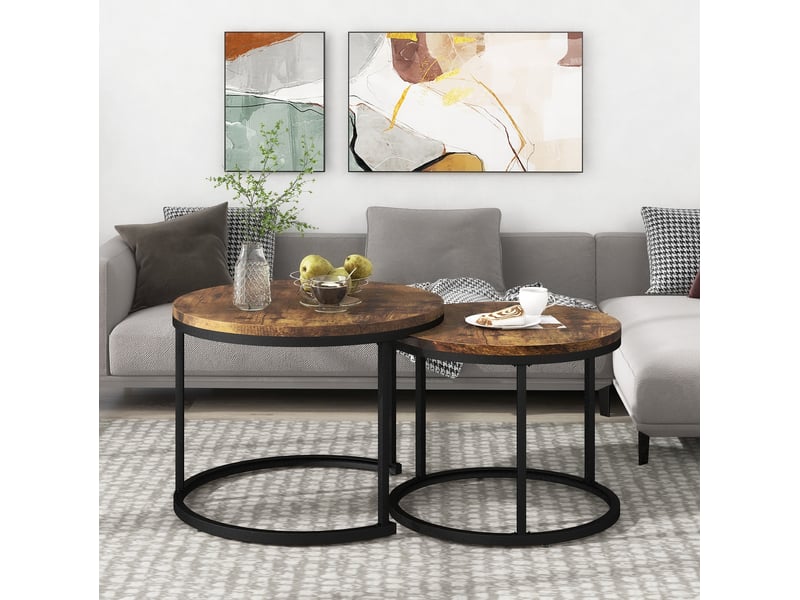  Table basse gigogne ronde 2 pièces avec structure métallique et plateau mdf effet bois pour salon moderne, marron  - Conforama C